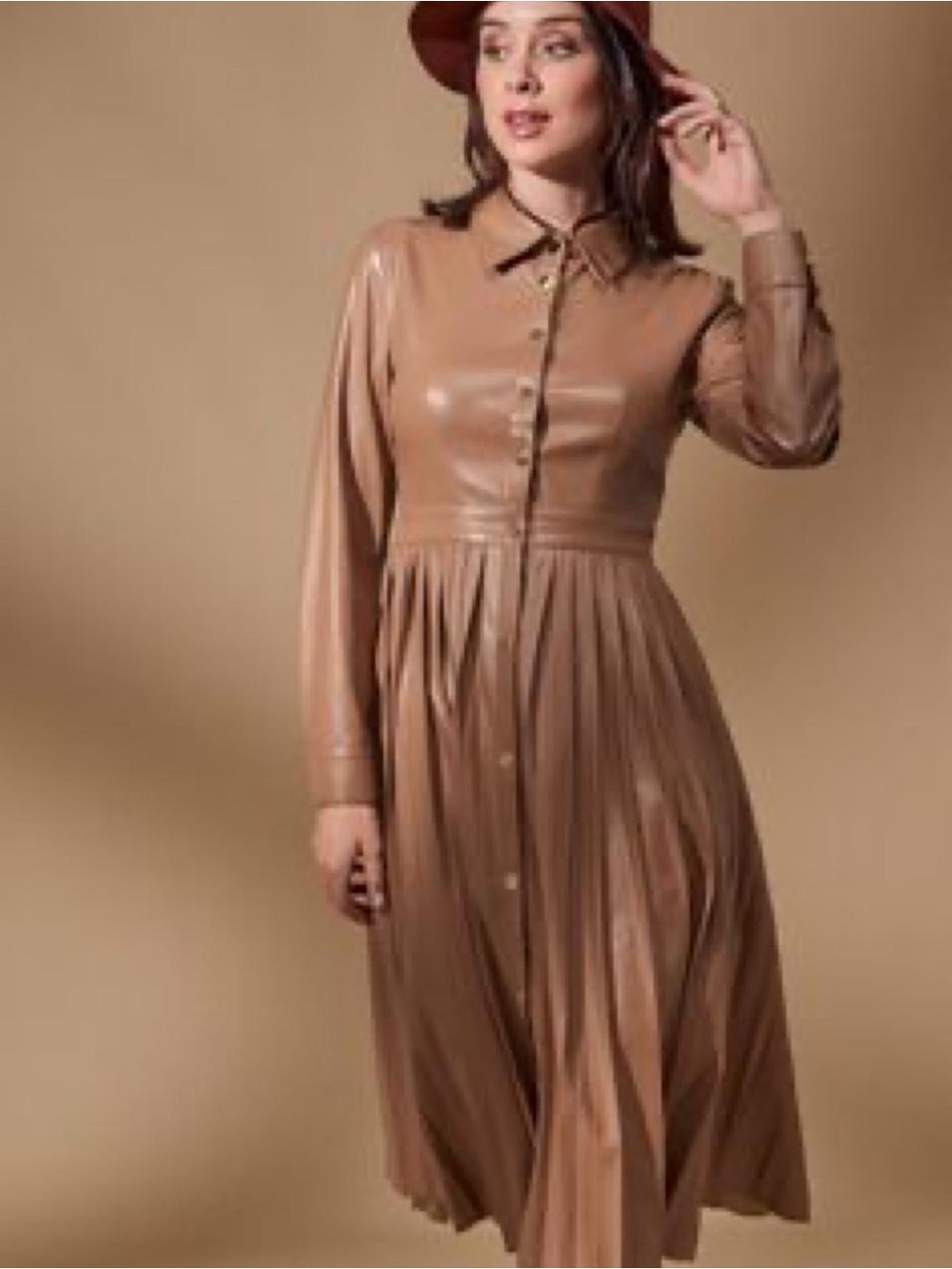 Ellie Tahari Faux Leather Shirt Dress, Tan,Luggage  size 6